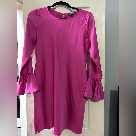 J Crew Women Pink Shift And Ruffle Long Sleeve Crew Neck Satin Crepe Dress. - Picture 2 of 4